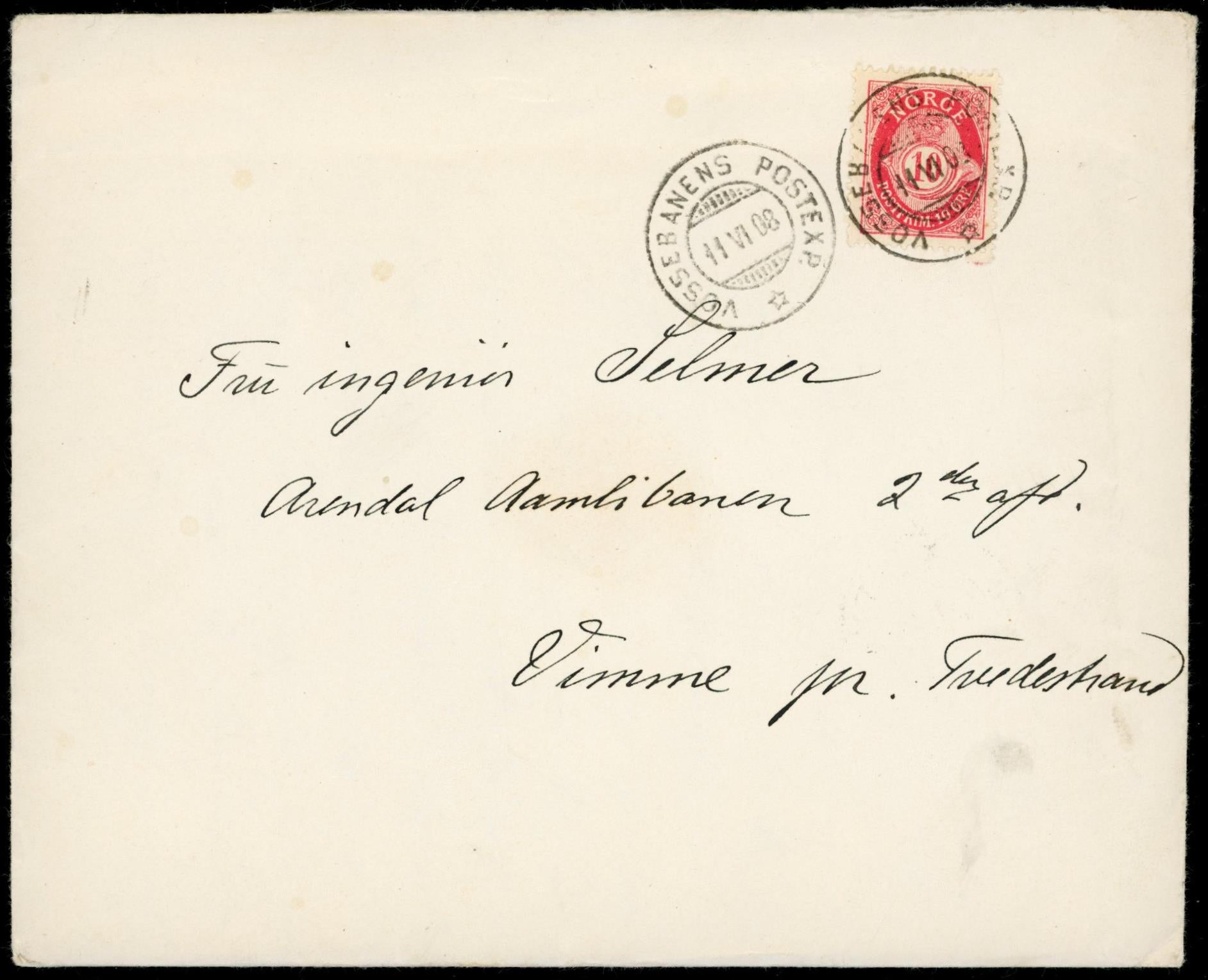 VOSSEBANENS POSTEXP. / * - 1908 til Vimme pr. Tvedestrand